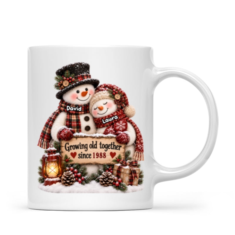 Snowman Couple Hugging Growing Old Together - Personalized Mug - Heartfelt Christmas Gift for Her, for Him
