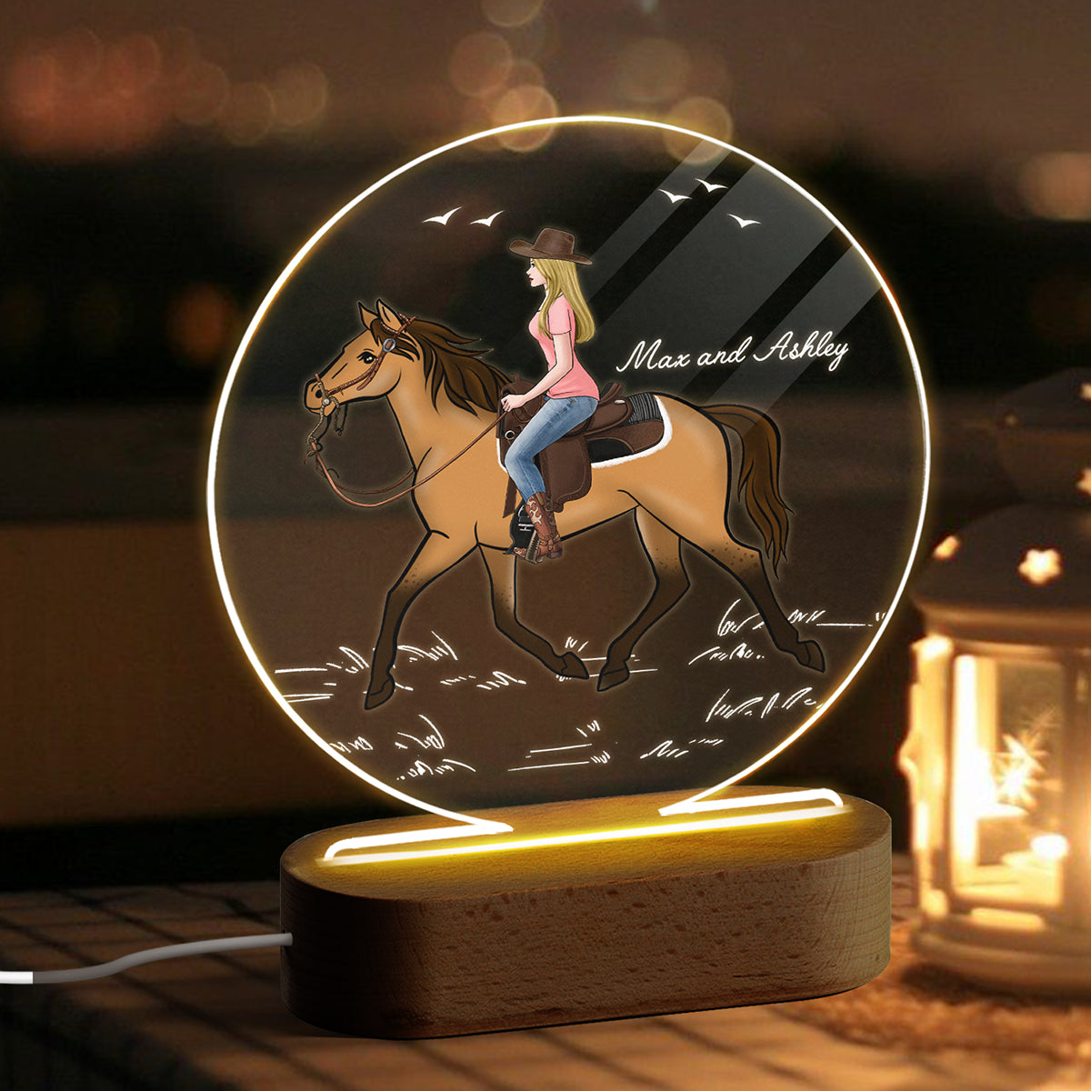 Girl Riding Horse Gift For Horse Lover Personalized Circle Acrylic Plaque With LED Night Light