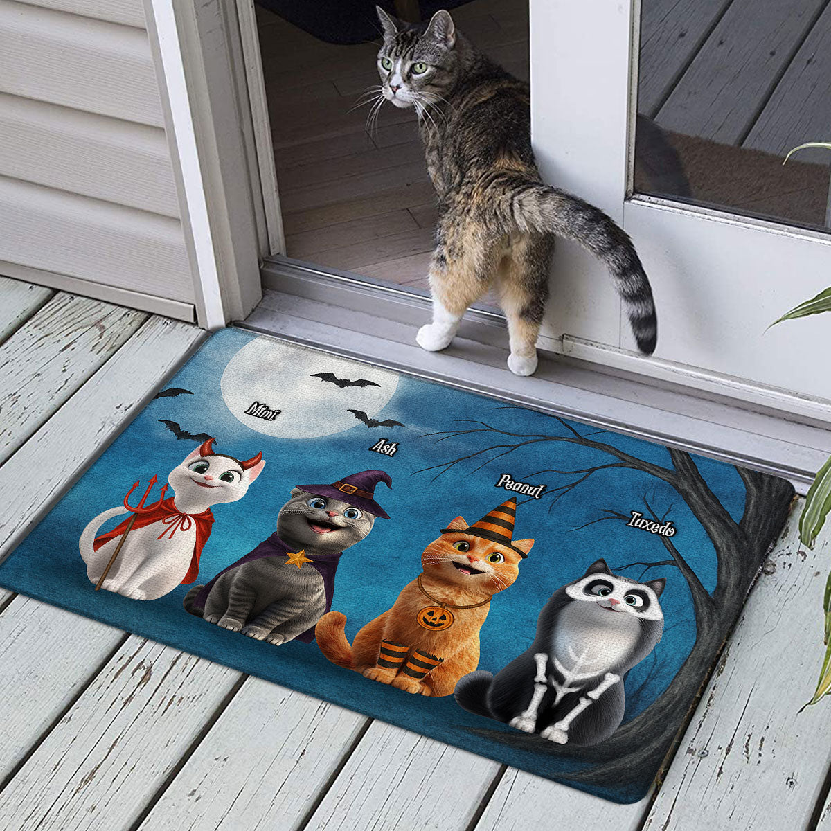 Halloween Cute Cats Sitting in the Moon Light Personalized Doormat, Halloween Decor for Cat Lovers