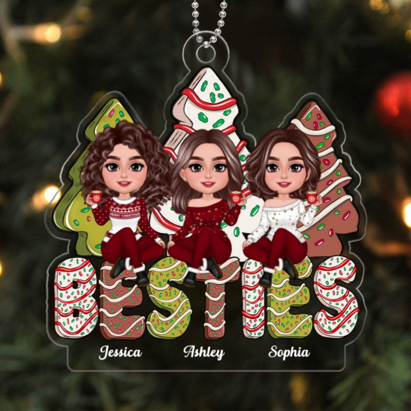 Besties Sitting On Christmas Tree Cake Personalized Acrylic Ornament