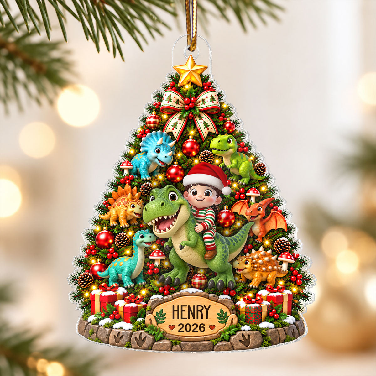 Cute Kid Riding Dinosaur Christmas Tree 2D Flat – Personalized Acrylic Ornament – Christmas Gift For Kids, Dinosaur Lovers