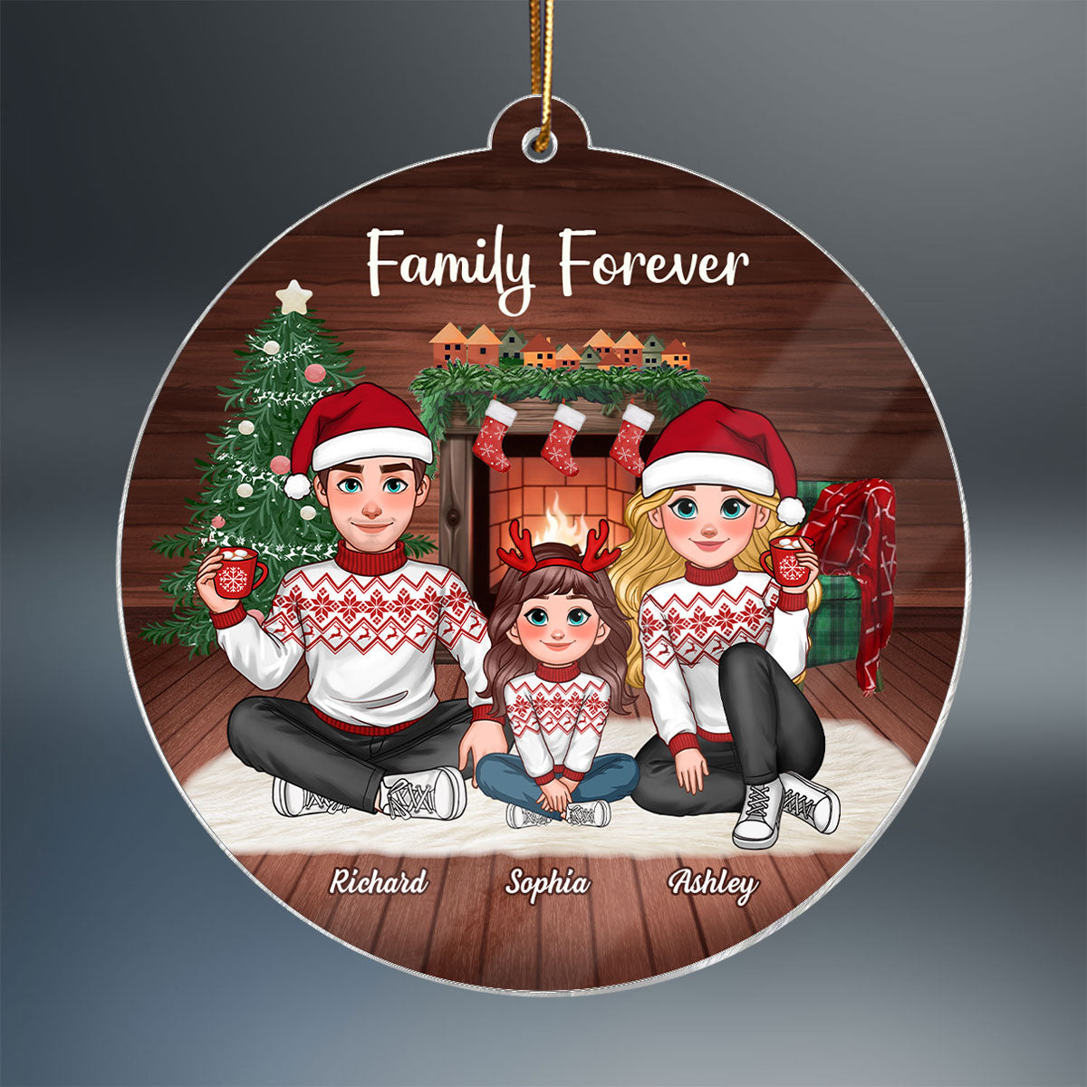 Animated Family Sitting In Cozy House Christmas Personalized Acrylic Ornament