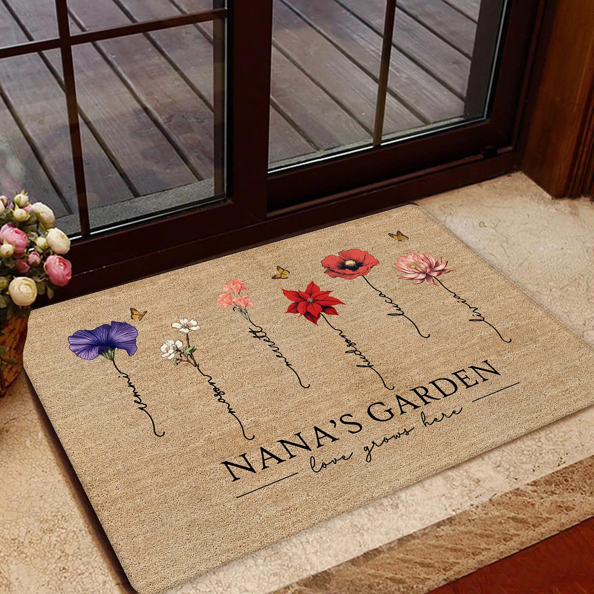 Grandma‘s Garden Love Grows Here Vintage Birth Flower Swirl Name - Personalized Doormat - Gift For Her, Grandma, Mom