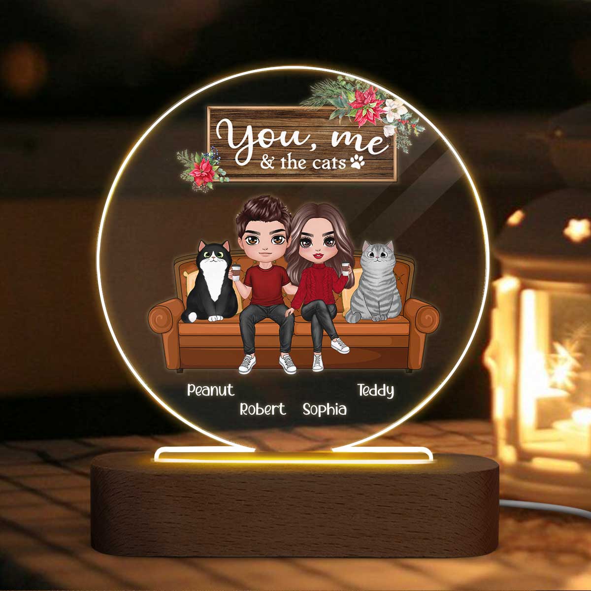 Couple & Cats On Sofa Personalized Circle Acrylic Plaque With LED Night Light - Gift For Couple - Gift For Cat Lover