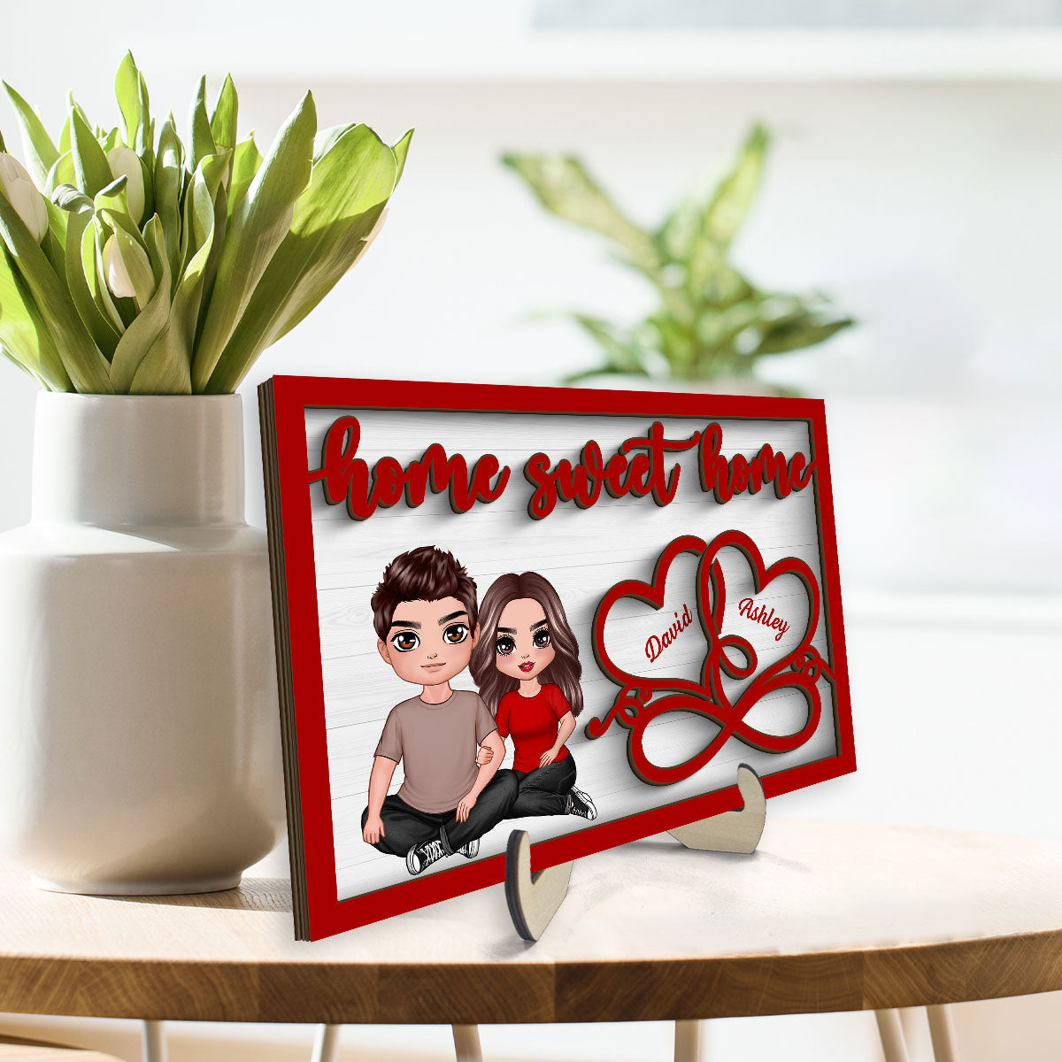 Couple Sitting Embracing Home Sweet Home Valentine‘s Day Gift For Him For Her Personalized 2-Layer Wooden Plaque