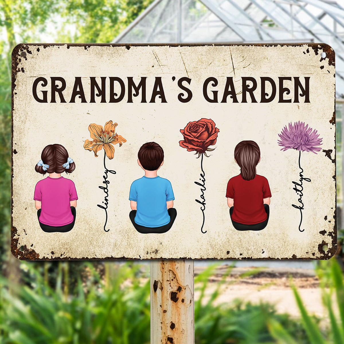Grandkids Sitting Grandma Garden Vintage Birth Month Flowers Personalized Metal Sign