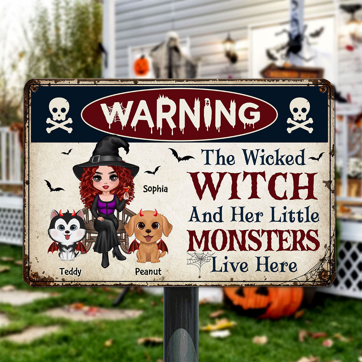 Warning Doll Wicked Witch And Little Monsters Watercolor Cute Dogs Live Here Personalized Metal Sign