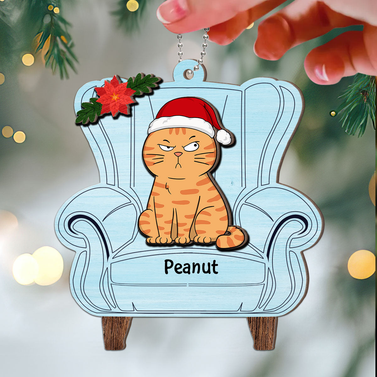 Christmas Cats On Chair Personalized 2-Layer Wooden Ornament