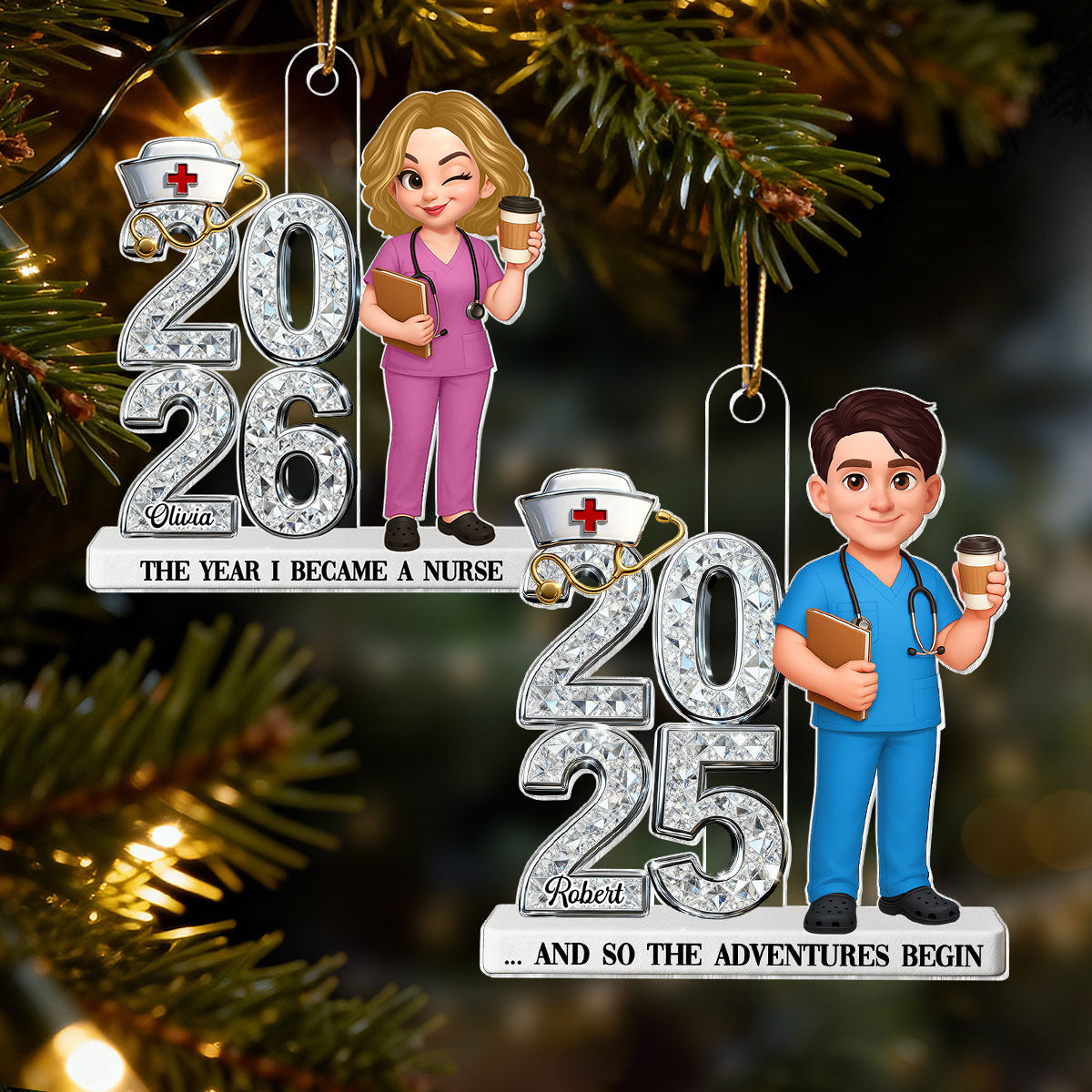 3D Shiny Effect New Nurse With Year - Personalized Acrylic Ornament - RN Gift, BSN Gift, Nursing Graduation Gift
