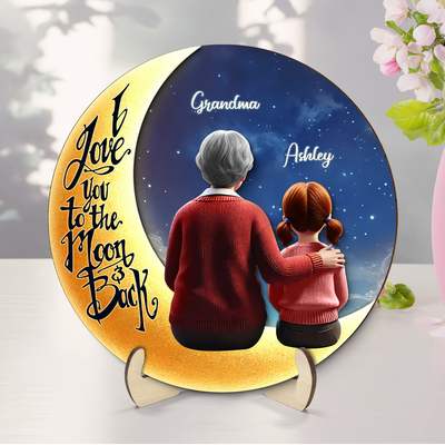 Starry Night Grandma & Granddaughter Sitting On Moon 3D Effect Personalized 2-Layered Wooden Plaque, Perfect 2025 Gift For Mom, For Grandma