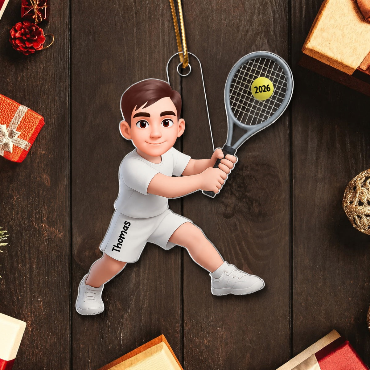 3D Effect Christmas Girl Boy Playing Tennis - Personalized Acrylic Ornament - Gift For Tennis Players, Grandson, Granddaughter