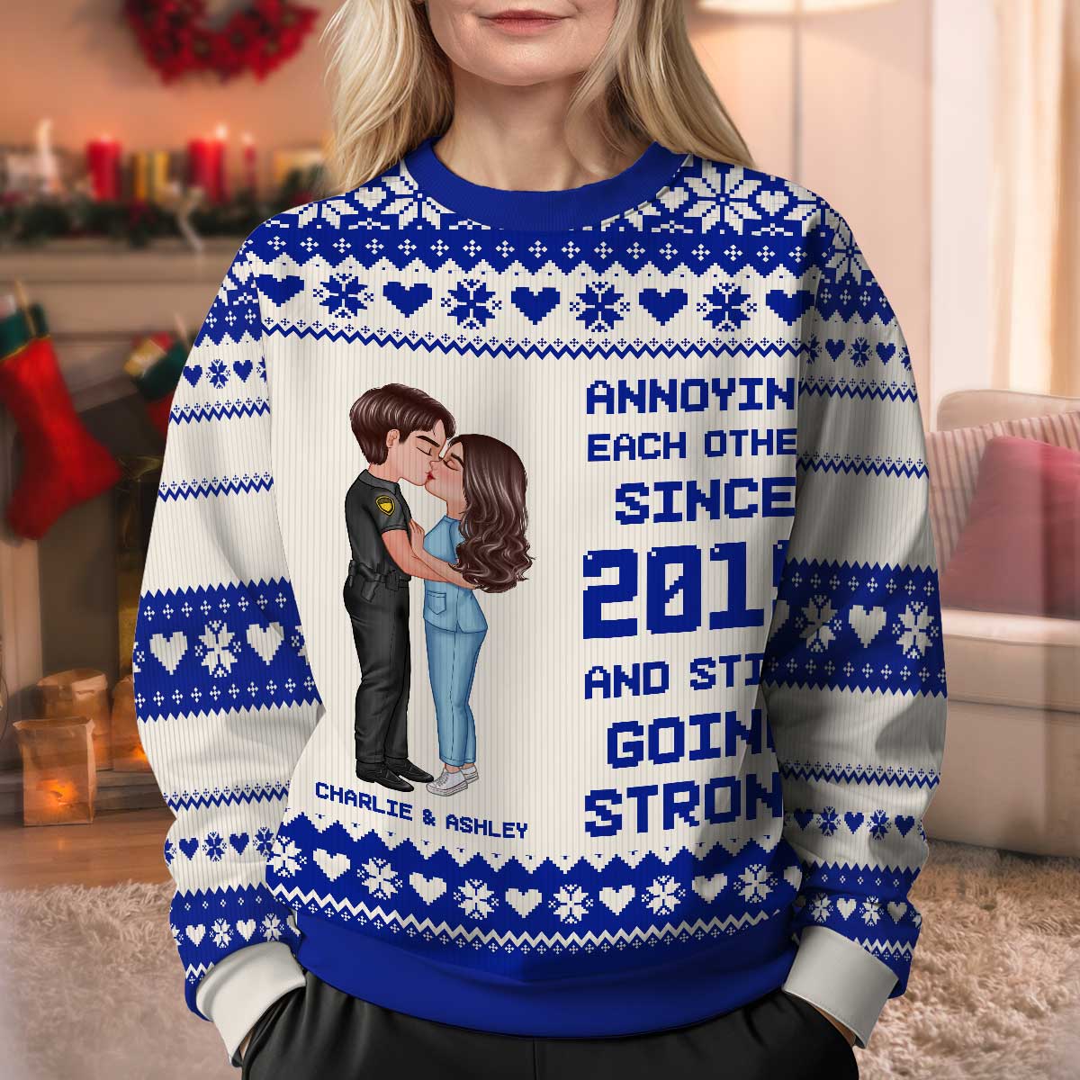 Christmas Hugging Kissing Couple Occupation Personalized Faux Knitting Ugly Sweater, Gift For Him, For Her, For Police, Nurse, Firefighter, EMS, Military