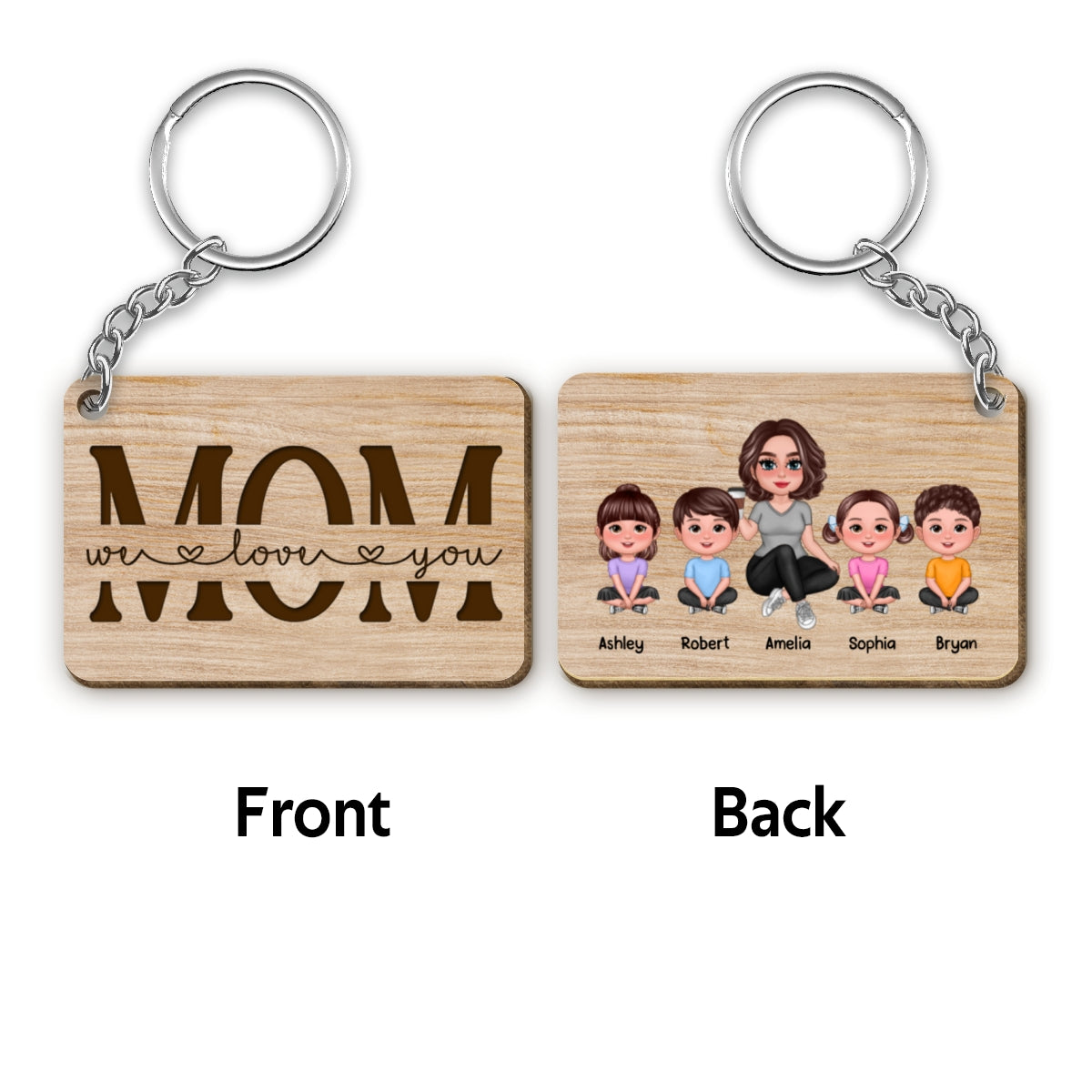 Best Mom Ever Doll Sitting Woman & Kids Dog Cat Personalized Wooden Keychain