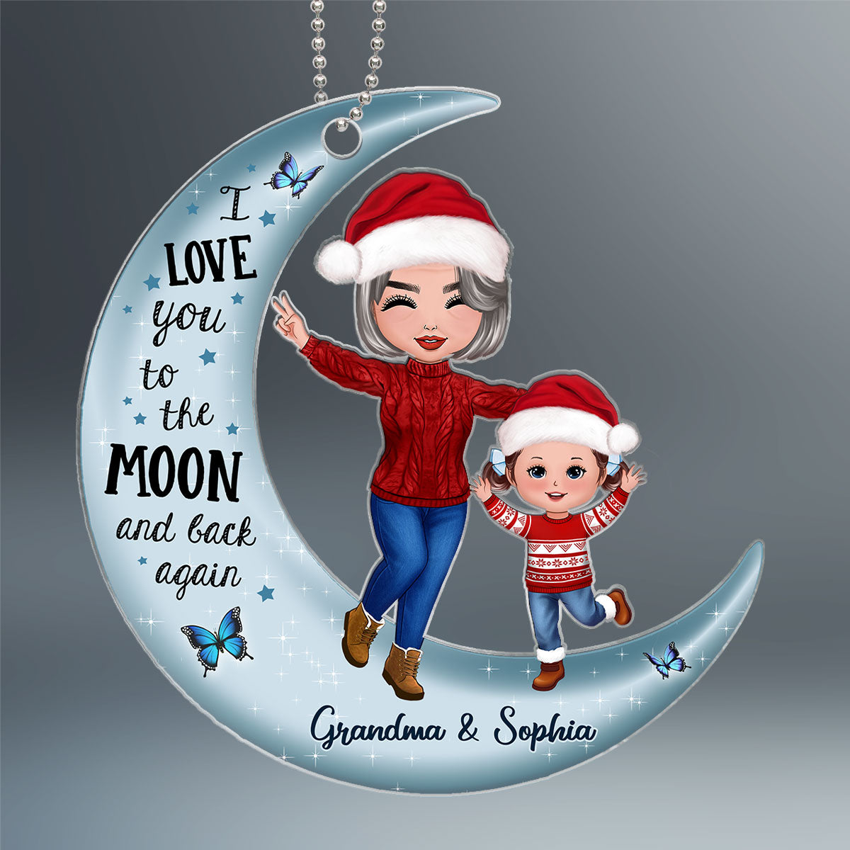 Happy Doll Grandma & Grandkid On Moon Personalized Acrylic Ornament