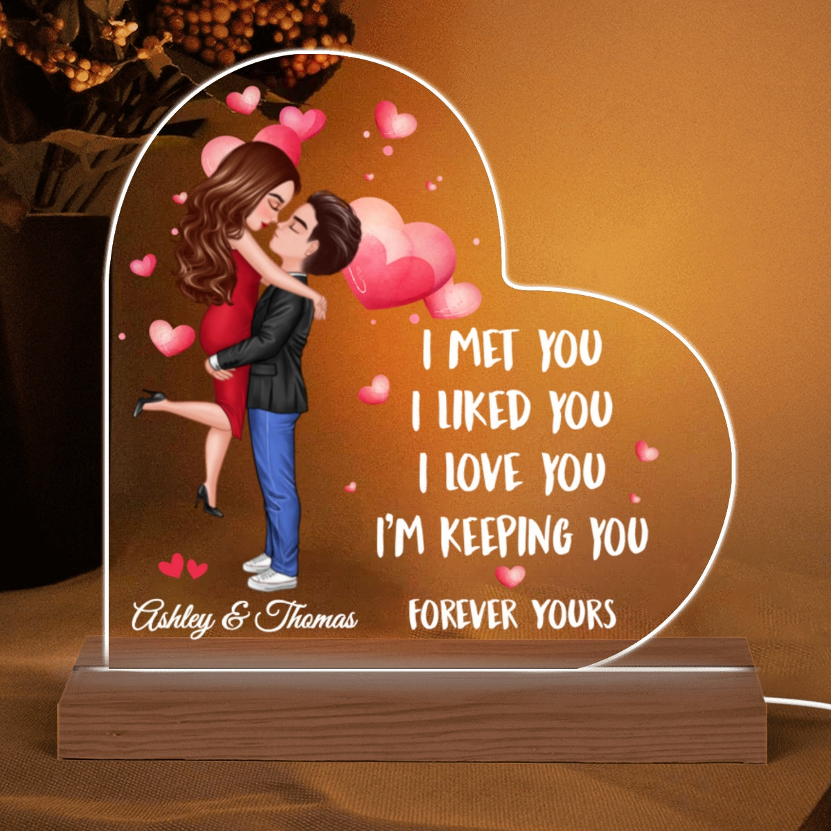 Doll Couple Hugging Kissing Together Since Personalized Heart Shaped Acrylic Plaque With LED Night Light - Anniversary Gift For Couple - Gift For Him, Gift For Her