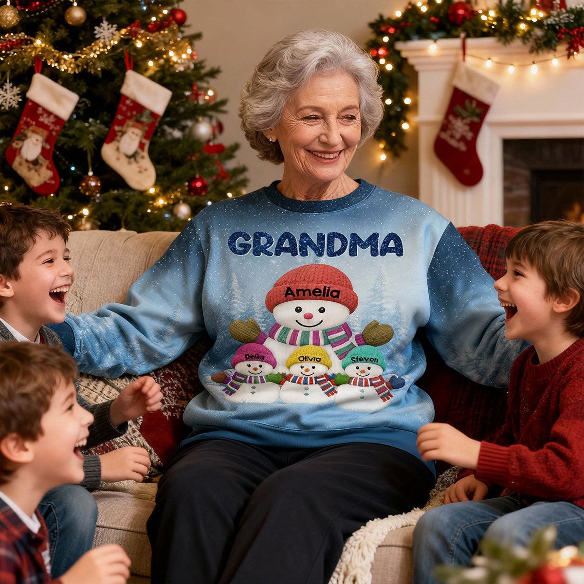Heartwarming Grandma Grandkids Snowman Together - Personalized Ugly Sweater