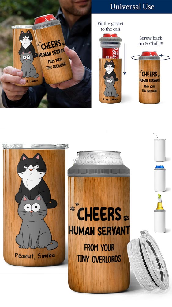Happy Father‘s Day Human Servant Stacked Funny Cute Cat Gift For Cat Lover Personalized 4 In 1 Can Cooler