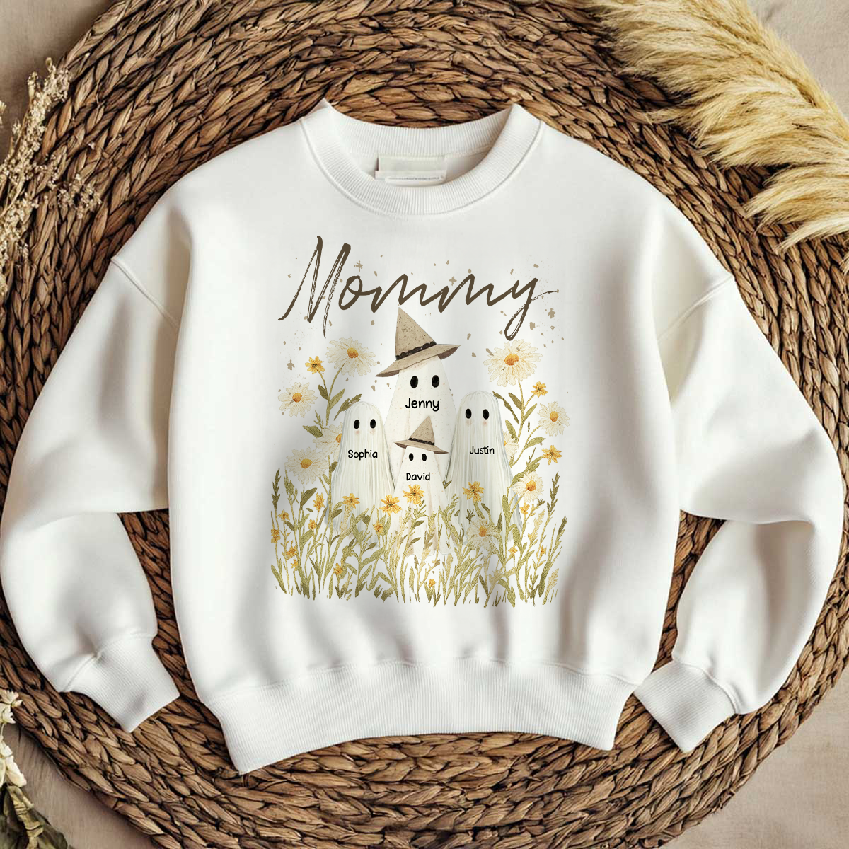 Cute Ghost Grandma And Kids In Wildflowers Spooky Fall Personalized Sweatshirt