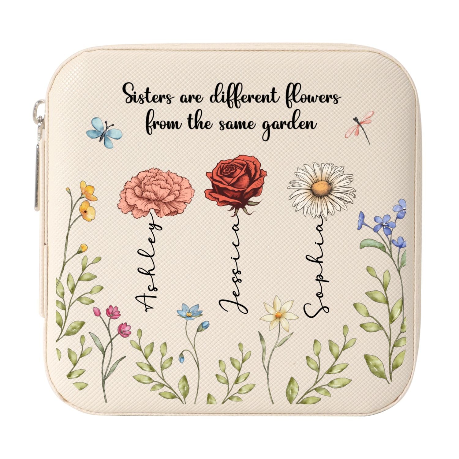 Sisters Are Different Flowers From The Same Garden Personalized Portable Jewelry Box, Birthday Gift For Sisters, Siblings, Besties or Just Because