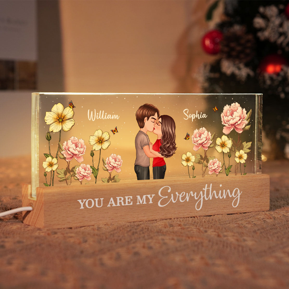 Couple Kissing Birth Month Flower Personalized Acrylic Block LED Night Light, Heartfelt Gift For Couple, For Her