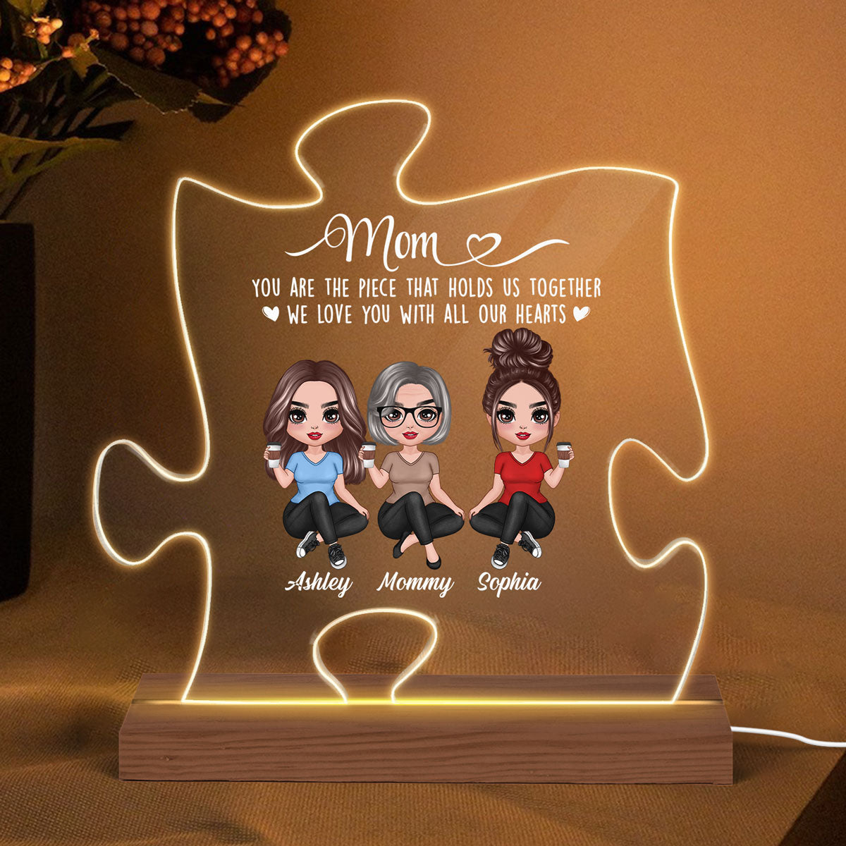 Mom The Piece Holds Us Together Doll Mom & Daughter Puzzle Shaped Personalized Custom Shape Acrylic LED Night Light