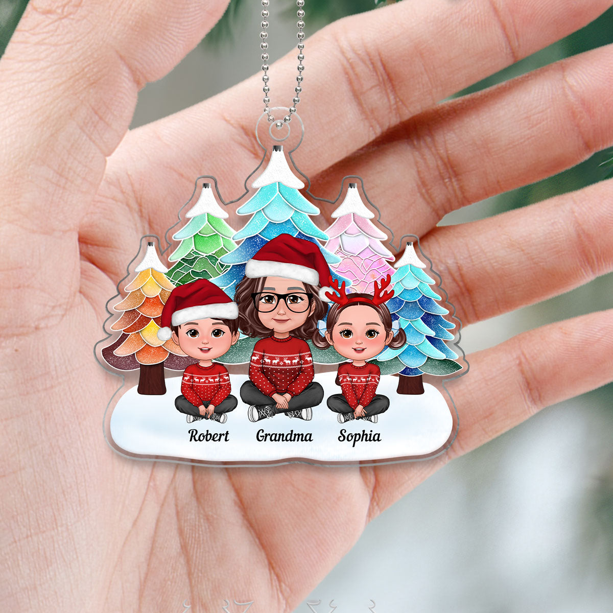 Watercolor Mosaic Christmas Trees Grandma & Grandkids Personalized Acrylic Ornament
