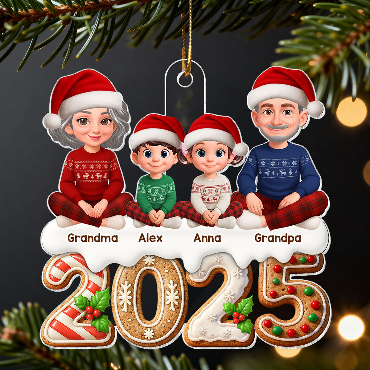 3D Effect Gingerbread Pattern Beautiful Grandma Grandpa Grandkids Together Christmas - Personalized Acrylic Ornament