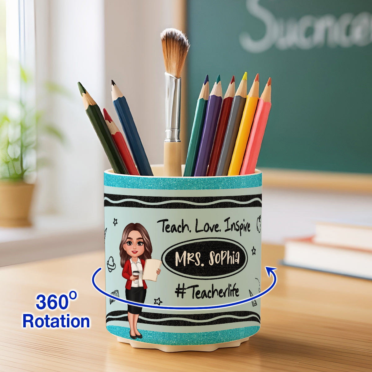 Teacher Crayon Pattern Personalized Rotating Pen Holder, Teacher Appreciation Gift, Back To School Gift