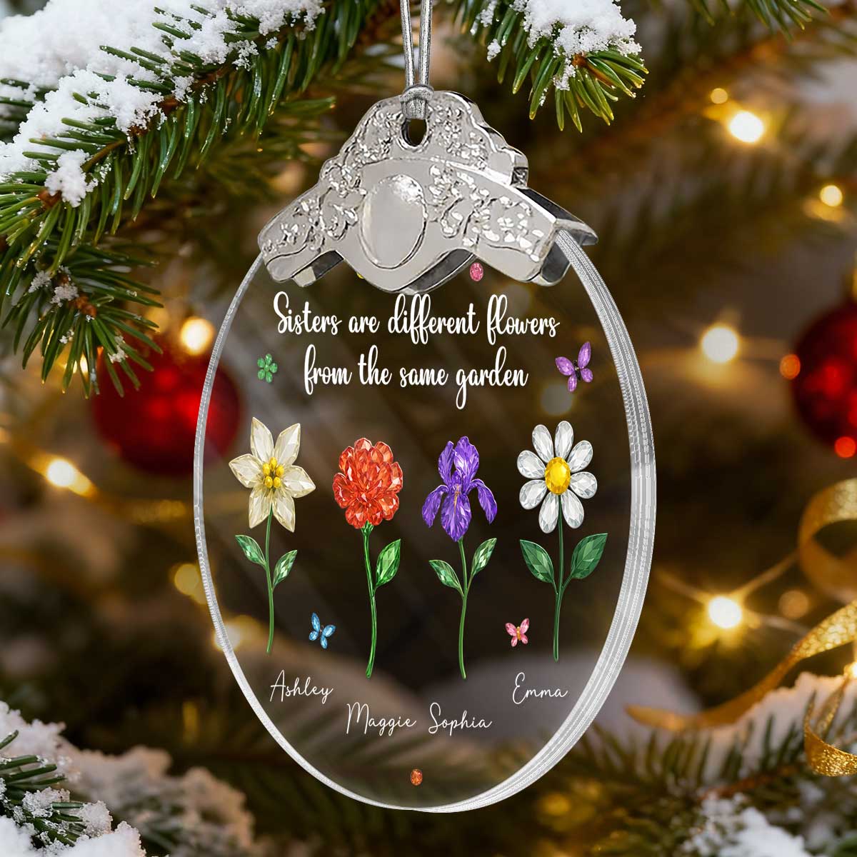 Sisters Are Different Flowers from the Same Garden - Personalized Glass Ornament With Silver Cap - 3D Crystal Effect, Thoughtful Christmas Gift for Sisters