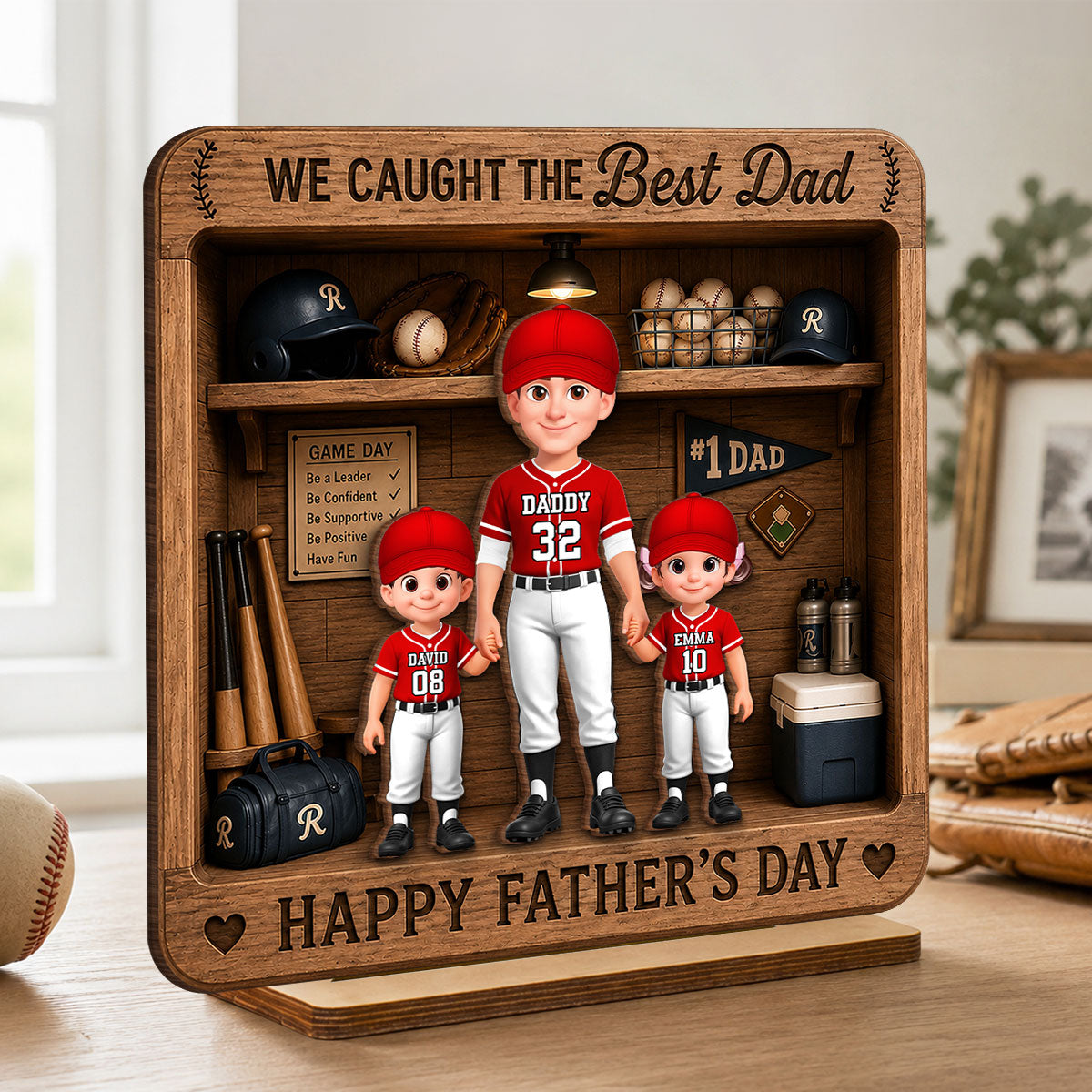Baseball Dad & Kids Locker Room - Personalized 2-Layered Wooden Plaque - Father's Day Gift For Dad, Husband