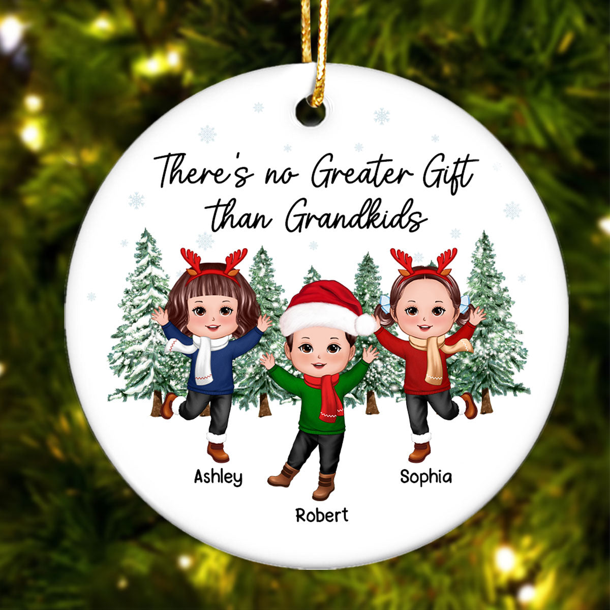 Our Grandkids Happy Doll Kids Christmas Tree Background Personalized Circle Ornament