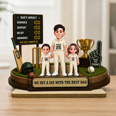 Hit A Six With The Best Dad Cricket Dad & Kids - Personalised 2-Layered Wooden Plaque - Father's Day Gift For Husband, Dad