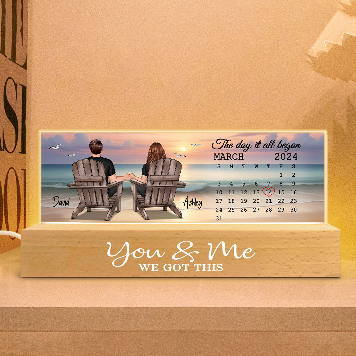Eternal Sunset Beach Couple Back View Anniversary Calendar Personalized Acrylic Block LED Night Light