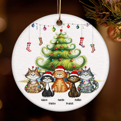 Quirky Christmas Tree Cats Whimsical Personalized Circle Ceramic Ornament