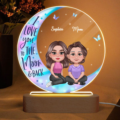 Pretty Doll Mother Daughter Sitting On Moon Personalized Circle Plaque LED Night Light