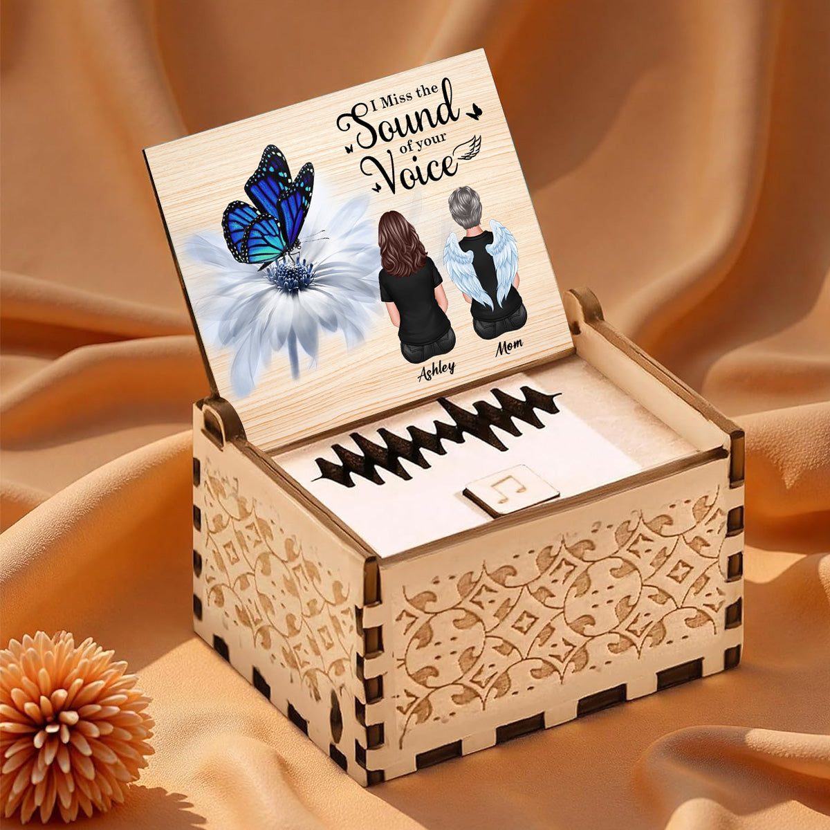 Upload Voice Message Butterfly On Daisy Miss Your Voice - Personalized Wooden Music Box - Memorial Gift, Remembrance Keepsake