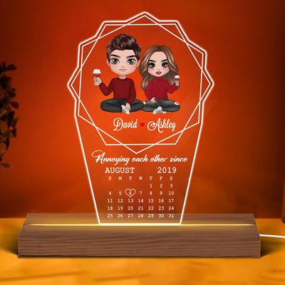 Hexagon Layers Frame Doll Couple Sitting Calendar Anniversary Date Personalized Custom Shape LED Night Light