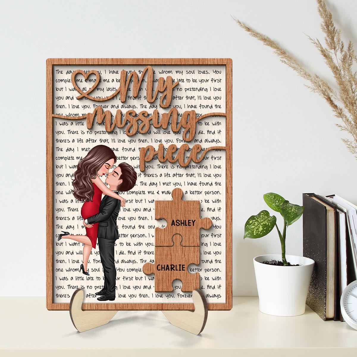 My Missing Piece Couple Letters Background Personalized 2-Layer Wooden Plaque