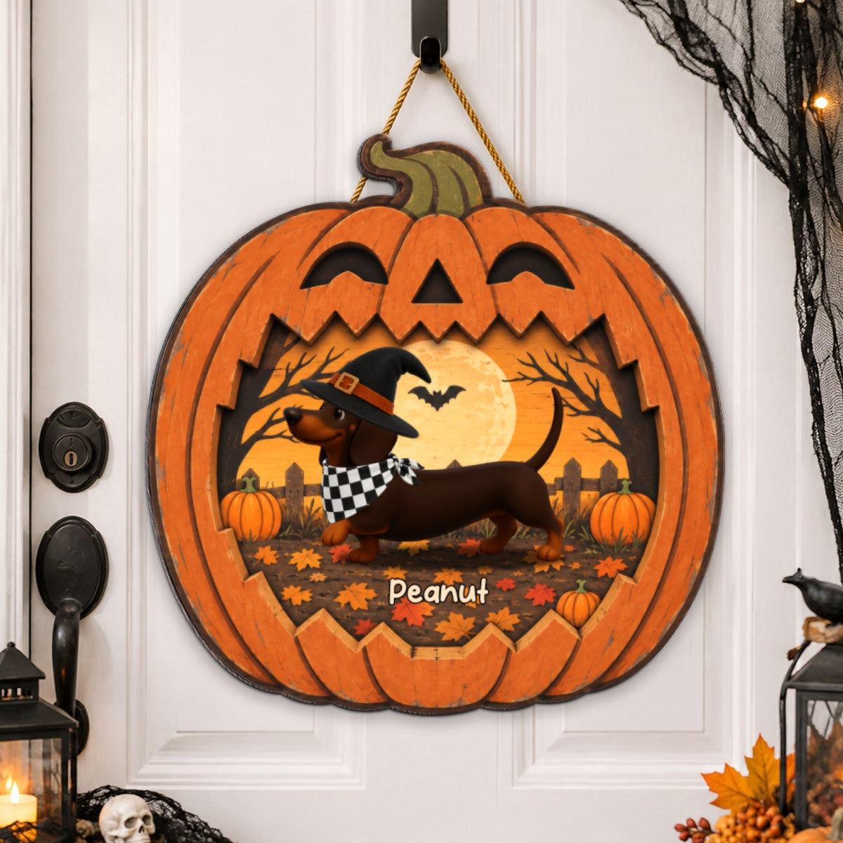 Halloween Dachshund Happy Halloweenie - Personalized Wood Sign - Halloween Decorations For Dachshund Lovers