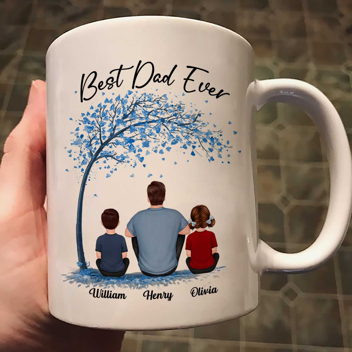 Blue Tree Best Dad Ever Back View Man Sitting With Kids Dogs Cats Father‘s Day Gift Personalized Mug