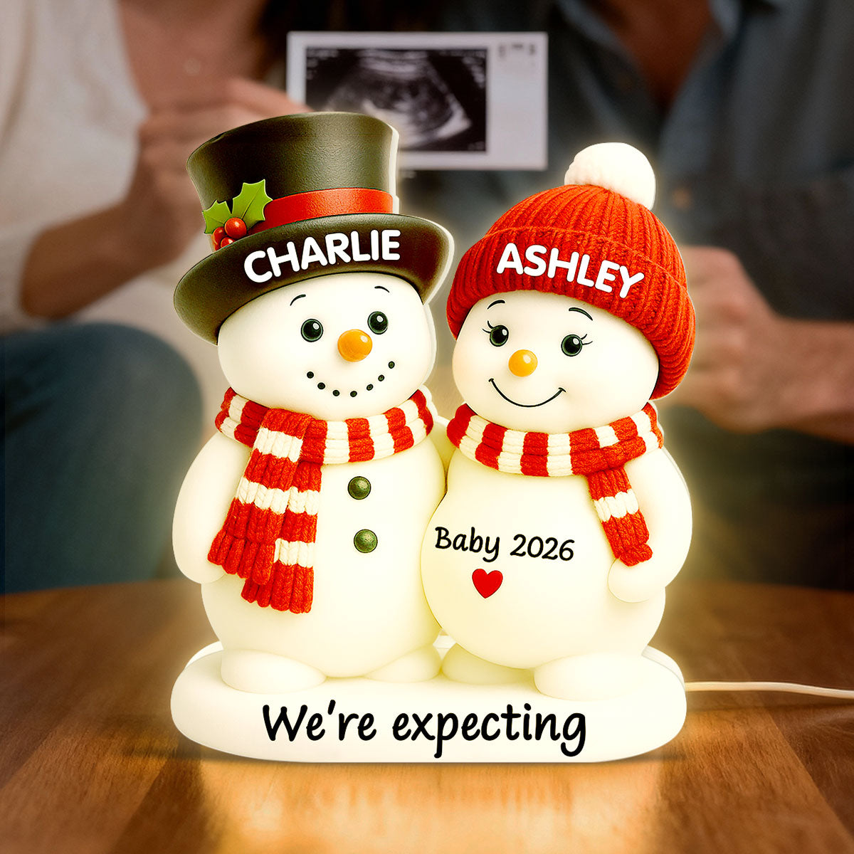 Christmas Snowman Couple Parents We're Expecting Pregnancy Baby Arriving - Personalized Light Box