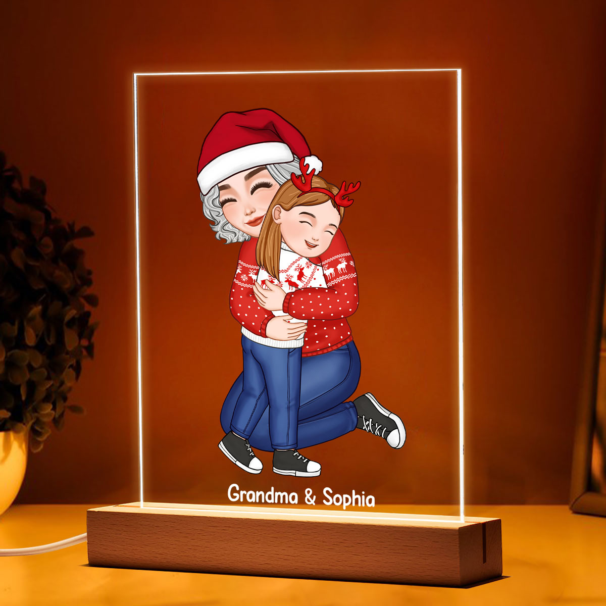 Cute Grandma Hugging GrandKid Christmas Gift For Granddaughter Grandson Personalized Acrylic LED Night Light