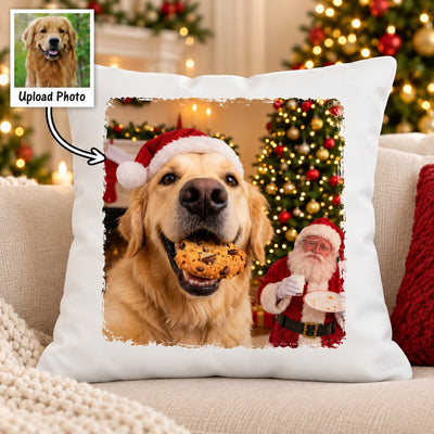 Dog Cat Steal Cookie From Santa Upload Pet Photo - Personalized Pillow- Funny Christmas Gift For Dog Lovers, Cat Lovers, Pet Lovers