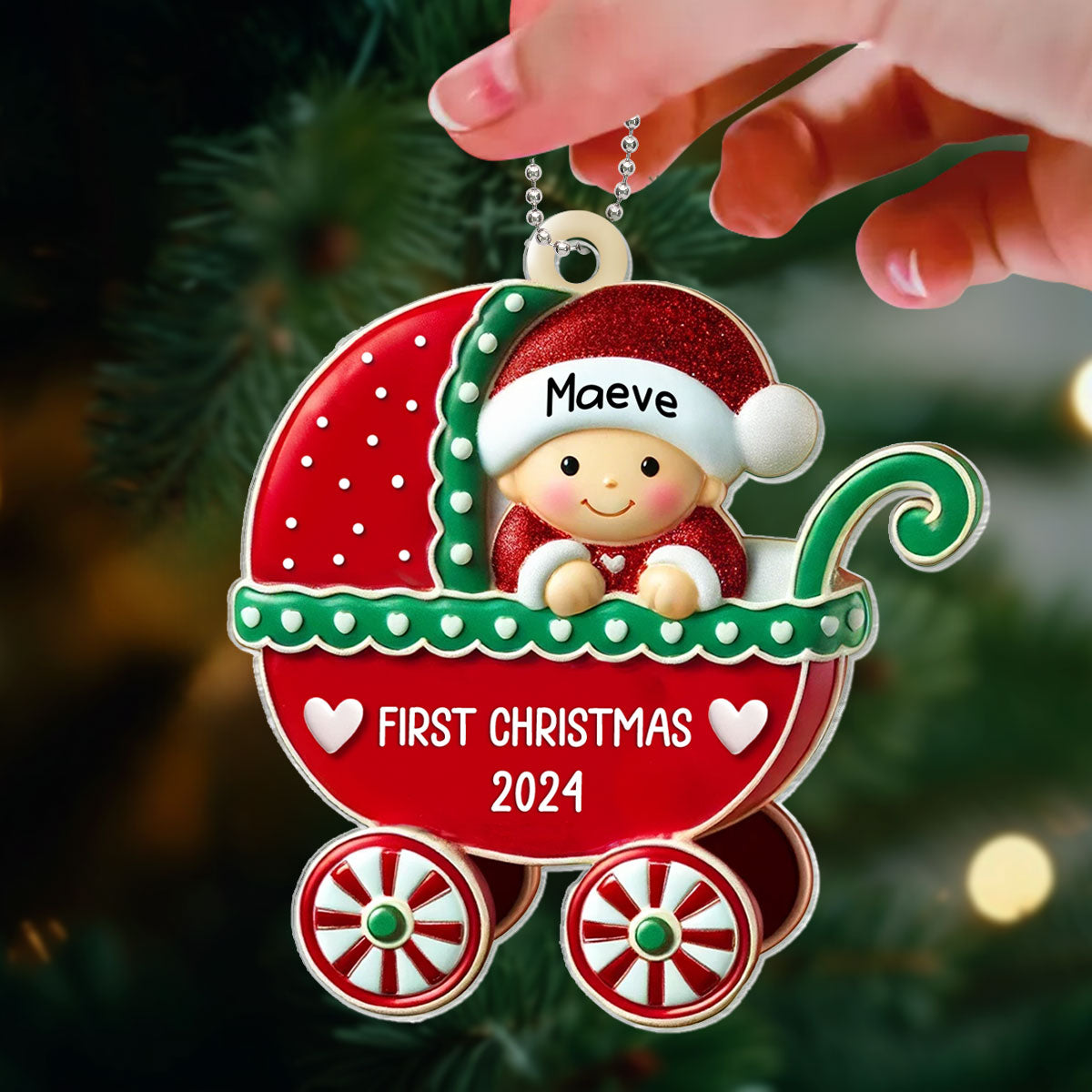 First Christmas Cute Baby On Carriage Personalized Acrylic Ornament, Gift for New Mom New Dad, Baby Newborn Gift