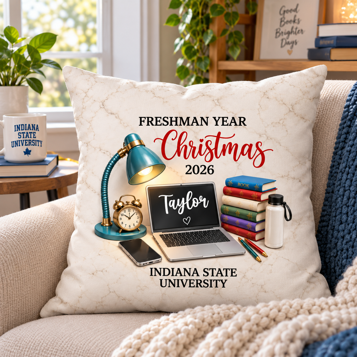 Freshman Year Christmas Study Desk – Personalized Pillow – College Student Christmas Gift, First Year Keepsake