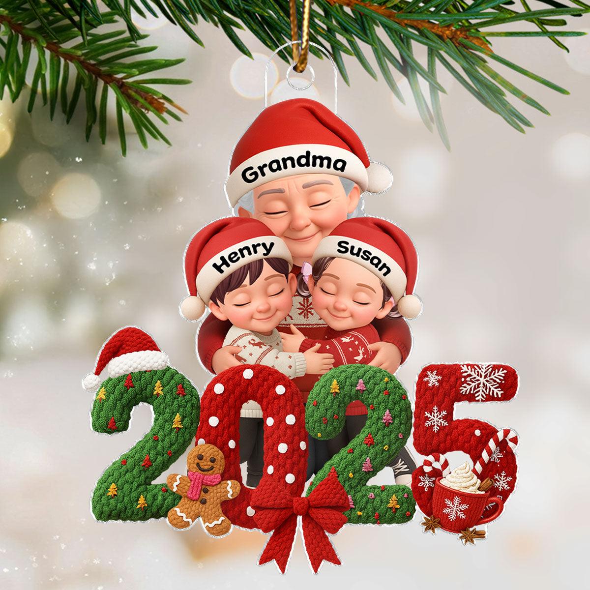 Grandma Hugging Grandkid 2025 Latch Hook Yarn Faux - Personalized Acrylic Ornament - Heartfelt Christmas Gift for Grandma, Grandkids