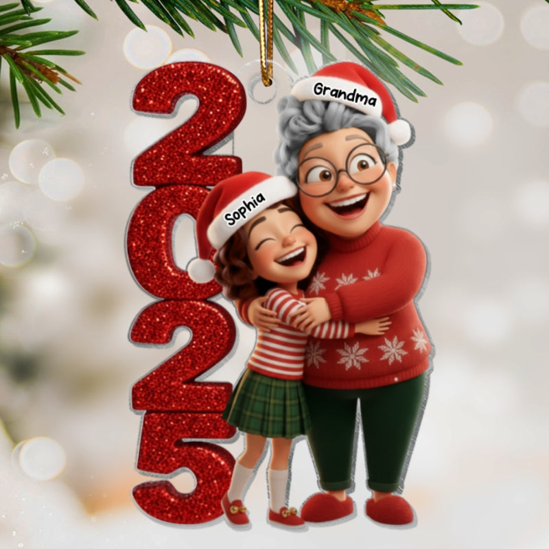 3D Glitter Effect Happy Grandma Hugging Grandkid 2025 - Personalized Acrylic Ornament - Christmas Gift for Grandma, Grandkid