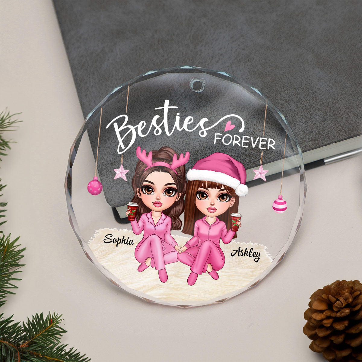 Besties Forever Pink Clothes Y2K Best Friends Personalized Glass Ornament, Friendship Christmas Gift