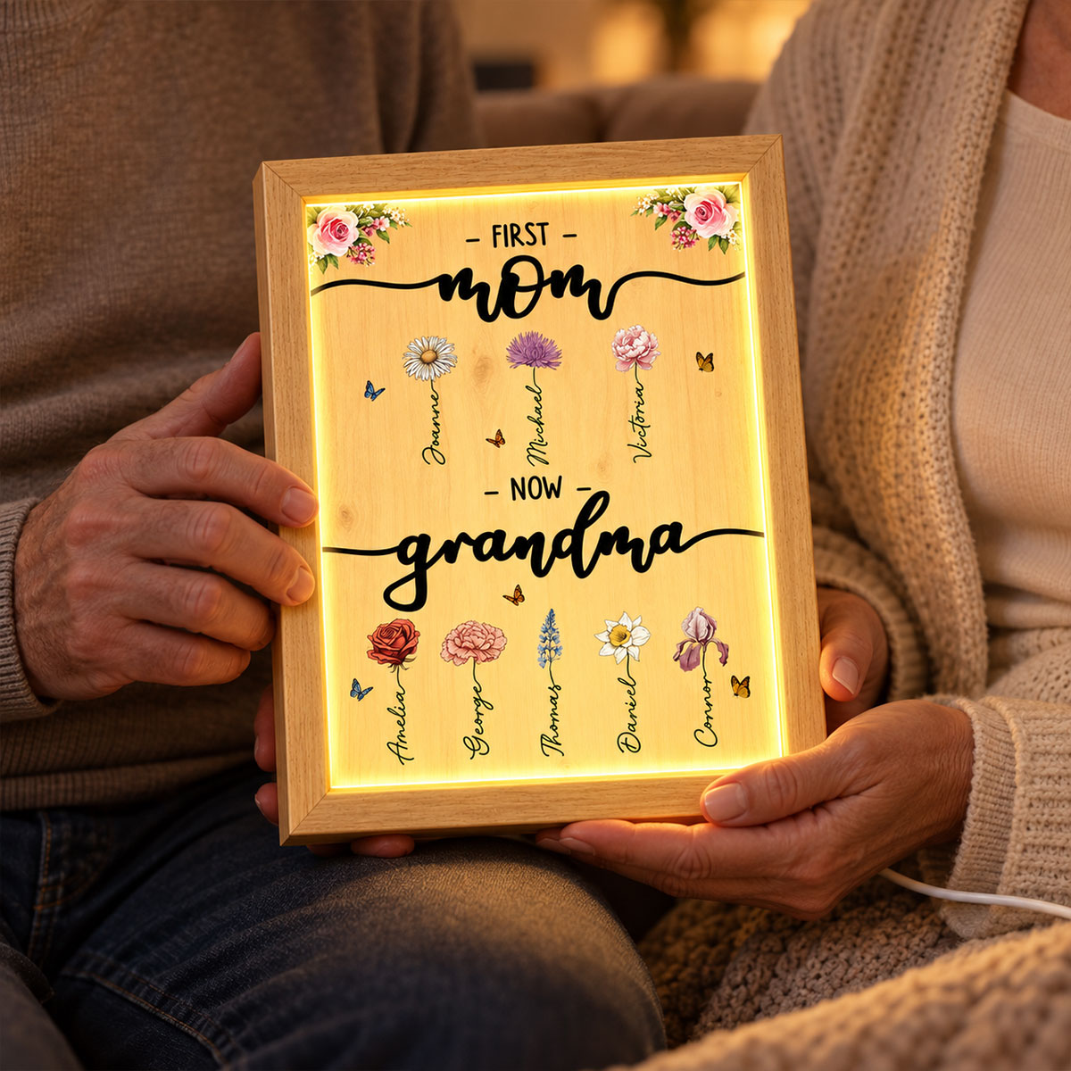 First Mom Now Grandma Custom Birth Month Flower - Personalized Mirror Light Box - Heartfelt Christmas Gift for Mom, Wife, Grandma
