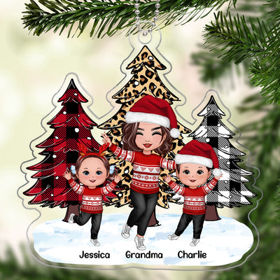 Leopard Checkered Pattern Christmas Tree Happy Grandma Grandkids Personalized Acrylic Ornament